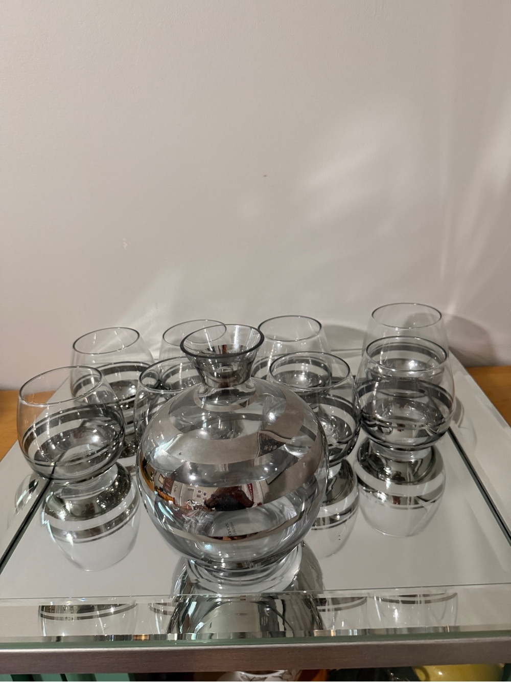 MCM Round Bar Set with 8 Glasses and Decanter with Silver Band